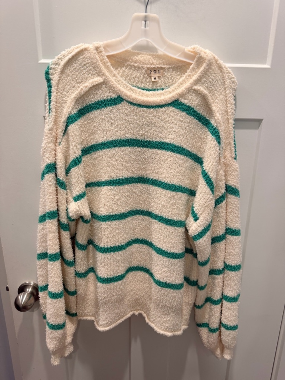 POL Fuzzy Striped Sweater Medium Cream Green Soft Cozy Pullover Boho